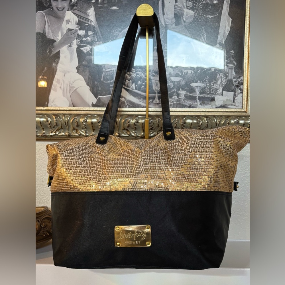 Nine West LOVE FURY Black and Gold Sequin Tote